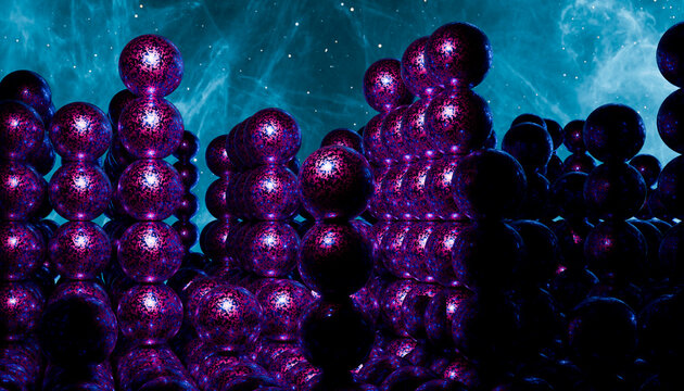 Abstract 3D render of glowing purple molecular structures against a cosmic blue background. Illustration, rendering