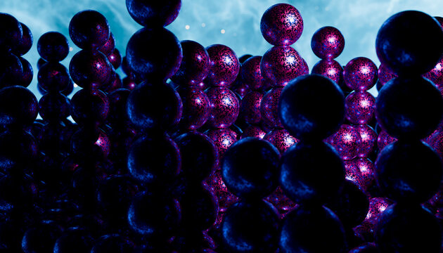 Vibrant and abstract spheres cluster against a blue atmospheric backdrop. Illustration, rendering