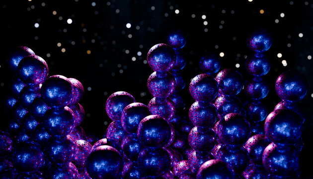 Abstract image of glowing purple and blue spheres with star-like background. Illustration, rendering