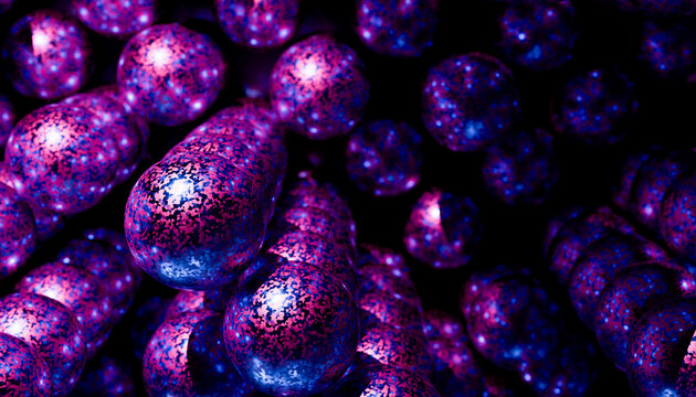 Abstract close-up of glowing purple spheres with speckled textures in a dark background. Illustration, rendering