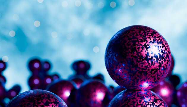 Vibrant metallic purple spheres against a soft blue bokeh background. Illustration, rendering