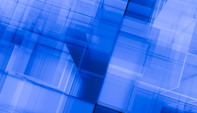 Abstract blue geometric pattern with overlapping translucent squares and rectangles. Illustration, rendering