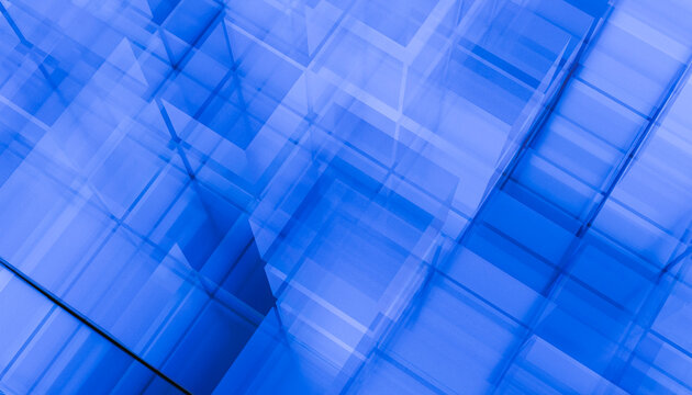 Abstract geometric pattern with overlapping translucent blue squares and lines. Illustration, rendering