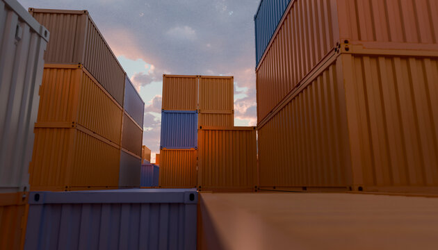 Stacked cargo containers under a cloudy evening sky with hints of orange sunset hues. Illustration, rendering