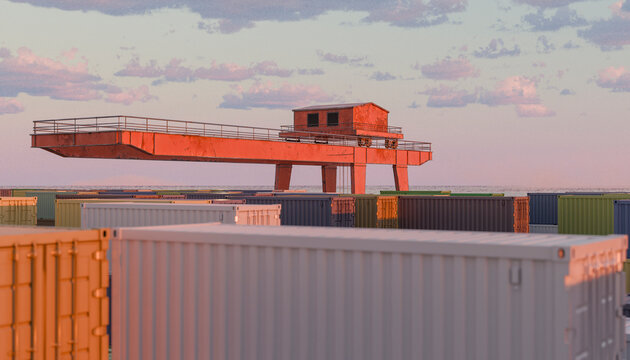 Rusty structure over colorful shipping containers under a cloudy sky at sunset. Illustration, rendering