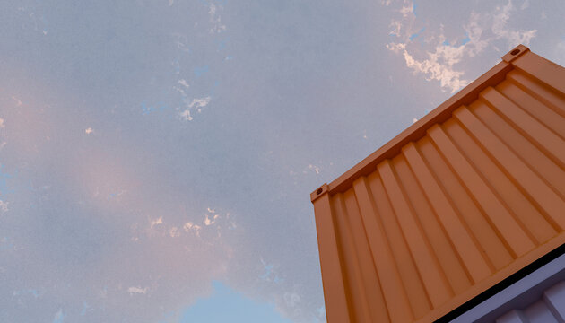 Orange shipping container against a cloudy sky during sunset with soft pastel hues. Illustration, rendering