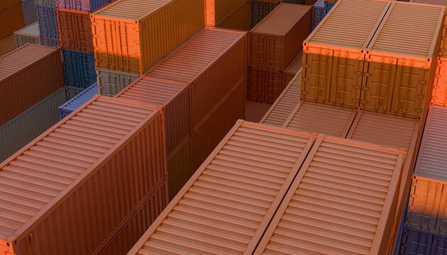 Stacked colorful shipping containers in a busy cargo area at sunset. Illustration, rendering