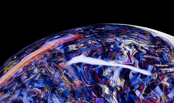A colorful, abstract globe with swirling patterns against a black background. Illustration, rendering