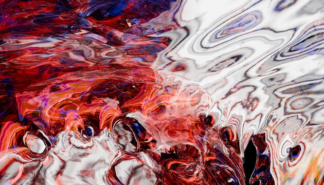 Abstract swirl of vivid red and white with fluid, wavy patterns and dark accents. Illustration, rendering