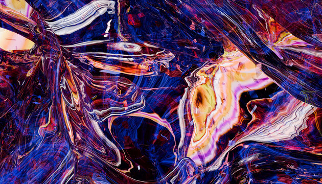 Abstract digital art with swirling shades of blue, red, and orange resembling fluid patterns. Illustration, rendering