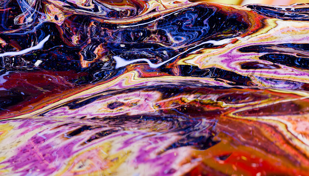 Abstract fluid art with vibrant swirls of purple, blue, red, and yellow hues. Illustration, rendering
