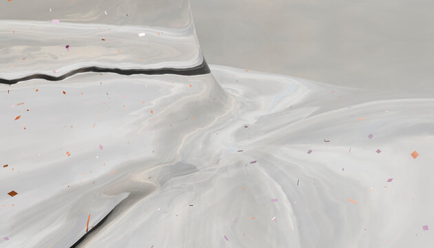 Abstract marbled pattern with silver, gray, and scattered confetti-like elements.