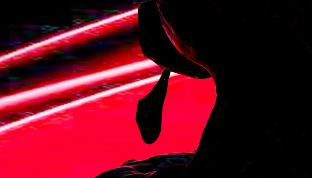 Silhouetted figure against vibrant red background with diagonal light beams.