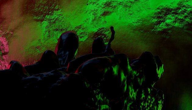 Dark, abstract silhouette figures and eerie green and red lighting in a cave-like setting.