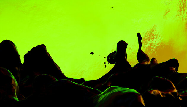 Dark silhouetted mountains against a vibrant yellow-green sky with abstract shapes.