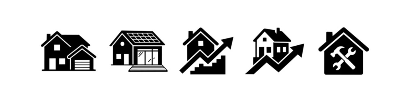 Set of black real estate icons showing solar energy, market growth graphs, a garage, and home renovation tools. Ideal for property market and construction themes.