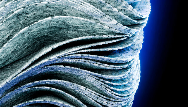 Close-up of textured layered blue and white structure against a dark background.