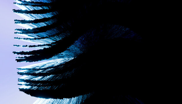 Abstract blue and black digital art with dynamic 3D shapes and light effects.
