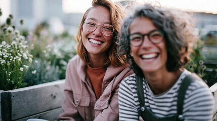 Fototapeta premium Two friends laughing outdoors near a community garden wildflowers and imperfect wooden planters around them soft defocused background wide shot friendship urban gardening
