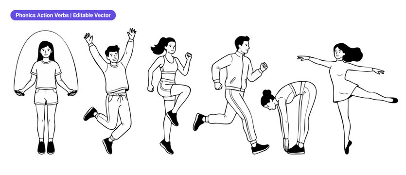 Action verbs vector line art characters exercising and doing fitness workout activities set, featuring people jumping, running, stretching, dancing, and skipping rope in minimalist black outline.