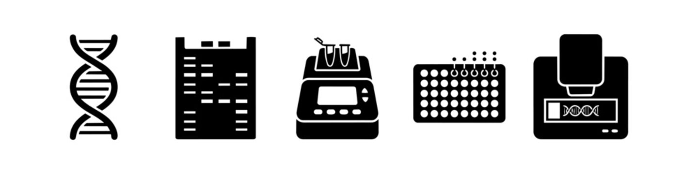 Black molecular biology icons: DNA helix, electrophoresis gel, thermal cycler, well plate, and sequencer. Minimalist biotech lab equipment set on white background.