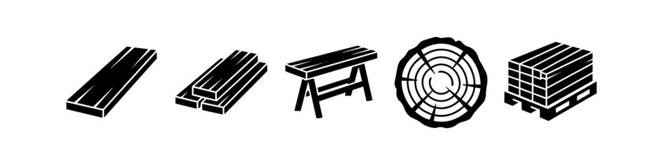 Minimalist black vector icons of lumber and carpentry materials including wooden planks, a sawhorse, tree trunk cross-section, and a pallet of stacked timber for industrial and woodworking use. © Nort Kor