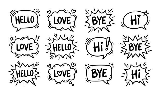 Hand drawn comic speech bubbles set with hello love bye hi dialog text words for cartoon communication graphic designs