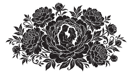Obraz premium Couple Silhouette in Ornate Floral Wreath with Peonies and Roses, Black Vintage Decorative Engraving Style for Wedding Invitations