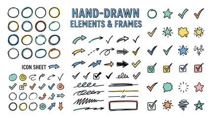 Obraz premium Hand-Drawn Elements & Frames: Circles, Arrows, Checkmarks, Stars, Bubbles