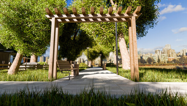 A sunlit park pathway framed by wooden pergolas and lush green trees with a city skyline beyond.