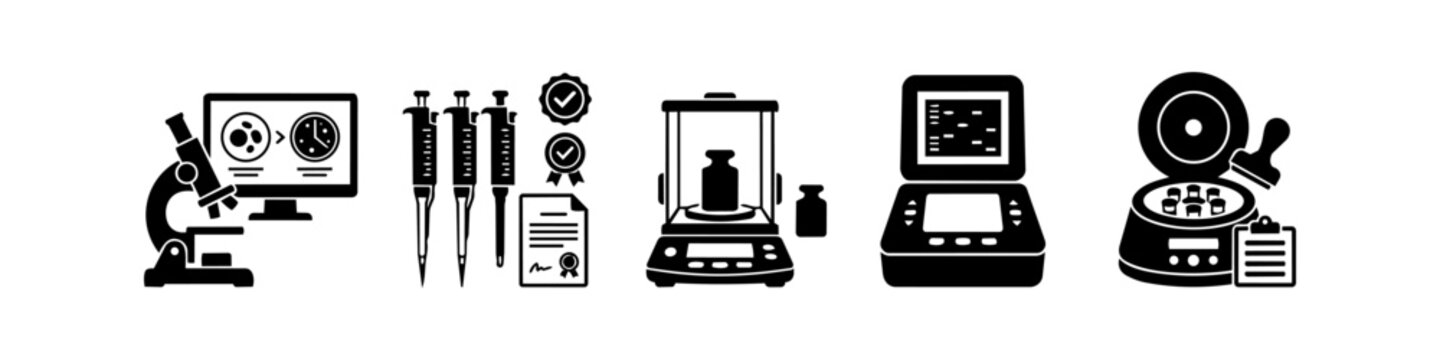 Set of black laboratory equipment icons featuring a microscope, pipettes, analytical balance, PCR machine, and centrifuge, symbolizing scientific research, biotechnology, and quality control.