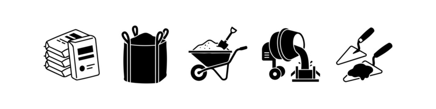 Black and white icons showing concrete construction steps: cement bags, sand bag, wheelbarrow, mixer, and trowels. Perfect for masonry, building, and industrial design projects.