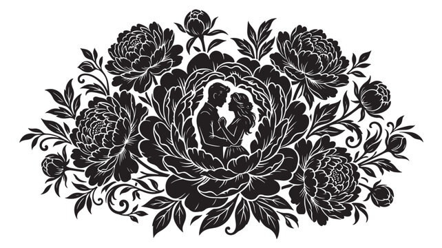 Couple Silhouette in Ornate Floral Wreath with Peonies and Roses, Black Vintage Decorative Engraving Style for Wedding Invitations
