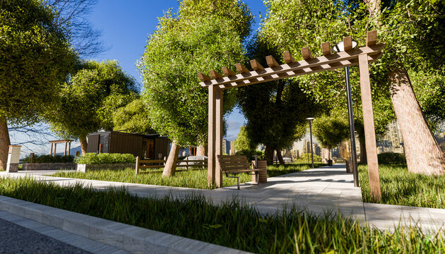 Sunlit park path with pergola, benches, and lush green trees under a clear blue sky.