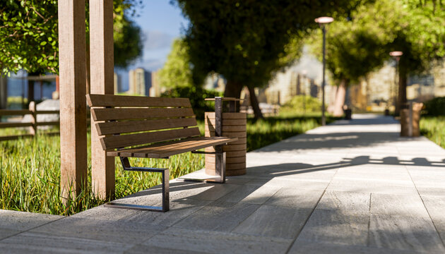 Sunlit park path with wooden benches, trees, and a cityscape in the background.