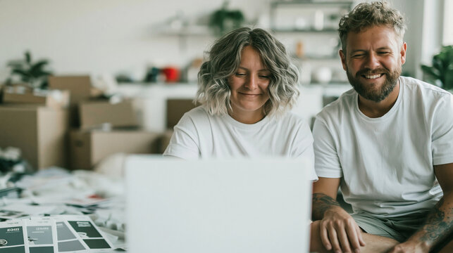 Young couple sitting on the floor of a new apartment surrounded by cardboard boxes and paint samples using a laptop to plan an eco friendly renovation uneven unpacked
