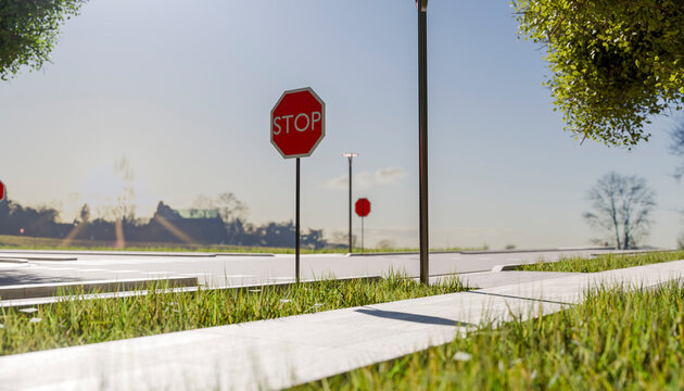 Sunlit sidewalk with stop signs and green grass in a tranquil suburban setting.