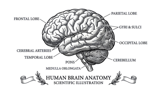 Human Brain Anatomy Scientific Illustration - Detailed Medical Diagram