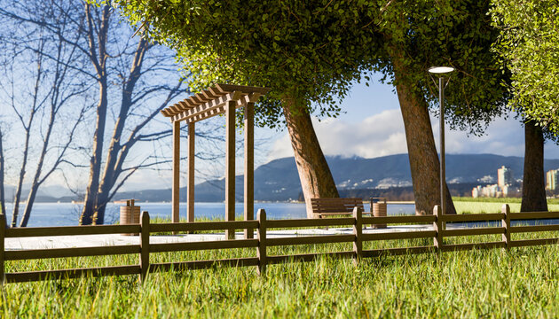 Scenic lake view with trees, a wooden fence, and benches on a sunny day.