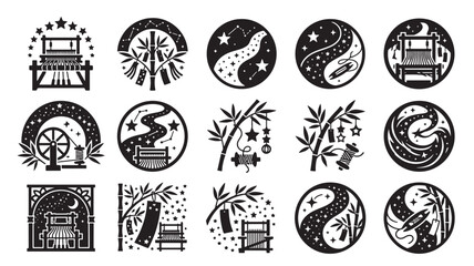 Tree Silhouette with Stars and Crescent Moon, Tanabata Style Decorative Icons Set in Monochrome Vector Engraving © TAIFUR