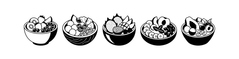 Collection of black and white fruit bowl illustrations. Healthy breakfast smoothie bowls with dragon fruit, berries, banana, and granola. Vector icons for menus, health, and wellness design. © Nort Kor