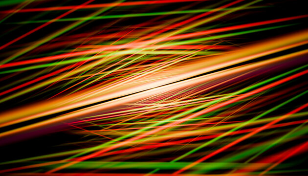 Vibrant abstract lines of red, green, and yellow on a dark background.