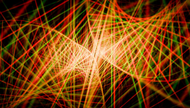Vibrant intersecting neon lines create an abstract geometric pattern.