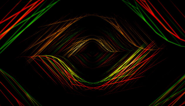 Abstract pattern of intersecting red and green geometric lines on a black background.