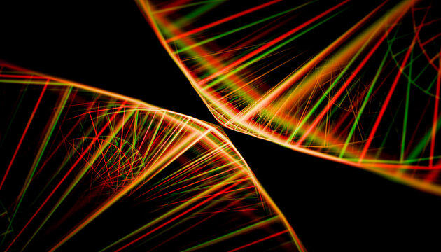 Abstract DNA strands with vivid red and green glowing lines on a black background.