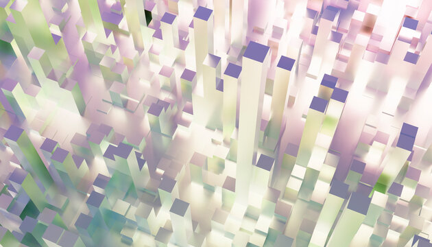 Abstract pastel 3D cityscape with towering blocks and soft lighting effects. 