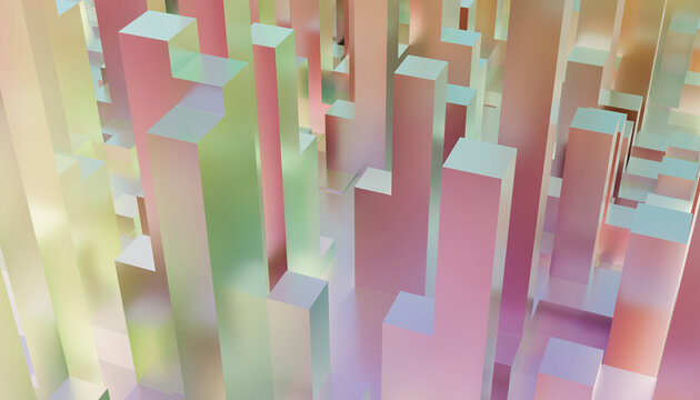 Abstract 3D geometric shapes with pastel colors creating a futuristic cityscape 