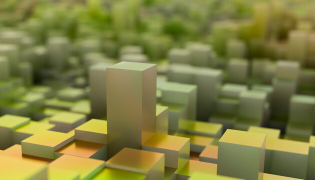 Abstract 3D cityscape with green cubic shapes resembling a futuristic urban landscape.