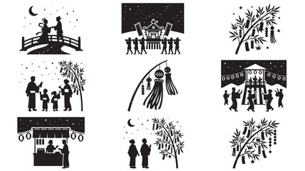 Obraz premium Tanabata Festival Silhouettes of People Celebrating Under Stars with Decorations and Lanterns Featuring Celebration, Night, Bamboo with Wishes