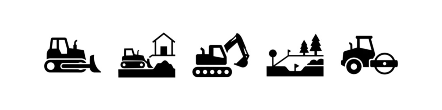 Set of construction and heavy machinery icons featuring a bulldozer, excavator, road roller, and landscaping site. Minimalist black silhouettes on a white background for industrial design.